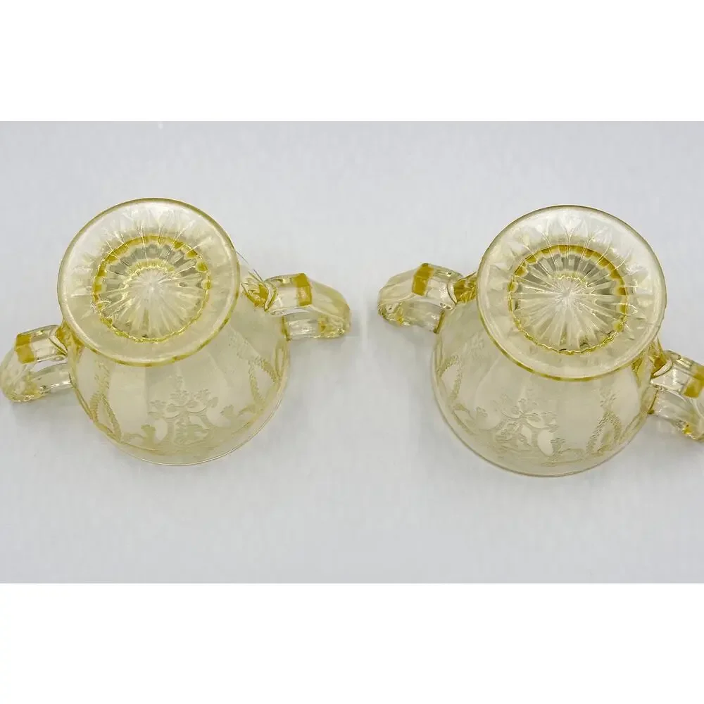 1930 Anchor Hocking Cameo Ballerina Vaseline Canary Glass Sugar Dessert Bowl Set